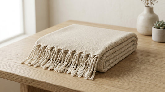 Turkish Throw Blanket — Beige Cotton Woven with Fringe