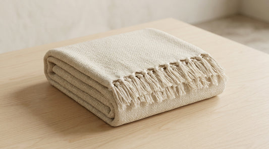 Turkish Throw Blanket — Beige Cotton Woven with Fringe