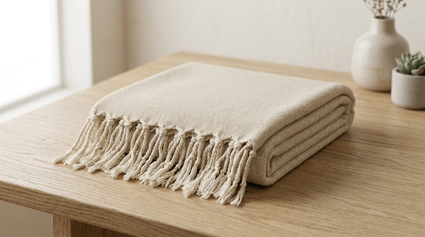 Turkish Throw Blanket — Beige Cotton Woven with Fringe