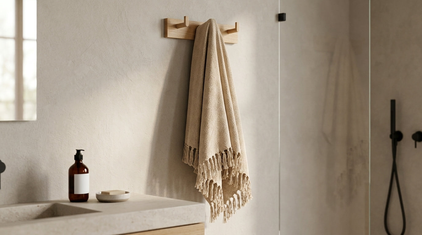 Turkish Throw Blanket — Beige Cotton Woven with Fringe